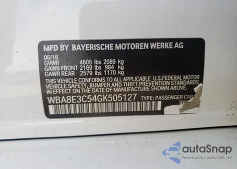 2016 BMW 328 Xi Sulev z USA, uszkodzony, nr VIN WBA8E3C54GK505127